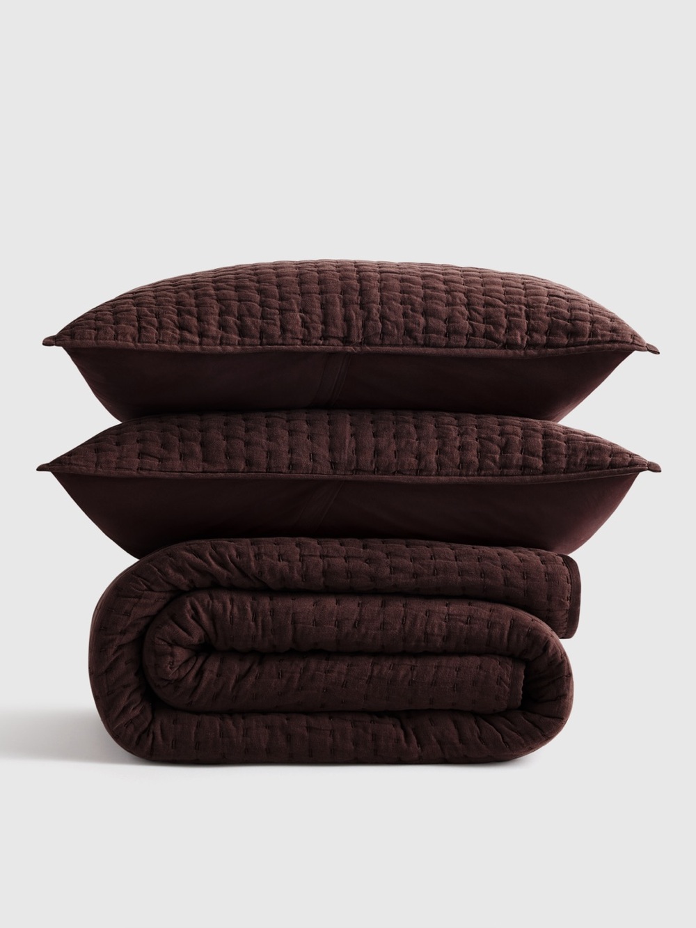 NEW Quince KING European Linen Cotton Stitch Quilt Set $214 WITH SHAMS ESPRESSO